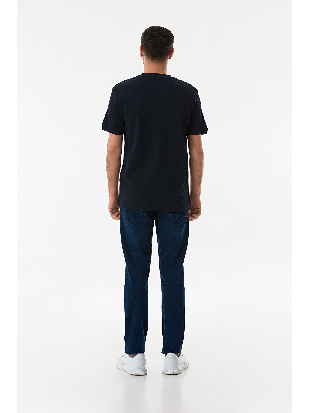 İndigo Waffle Kumaş Bisiklet Yaka Tişört-2