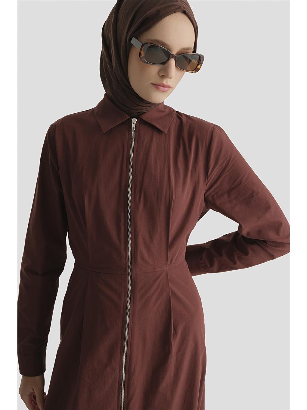 Kahverengi Fermuar Detaylı Fitted Elbise Kahve-2