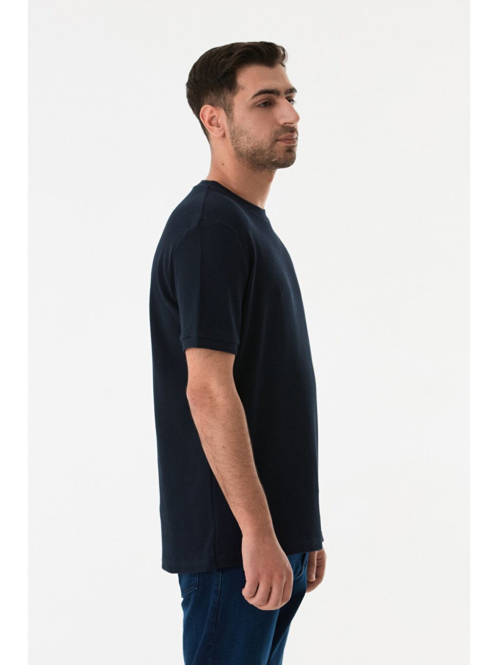 İndigo Waffle Kumaş Bisiklet Yaka Tişört-3