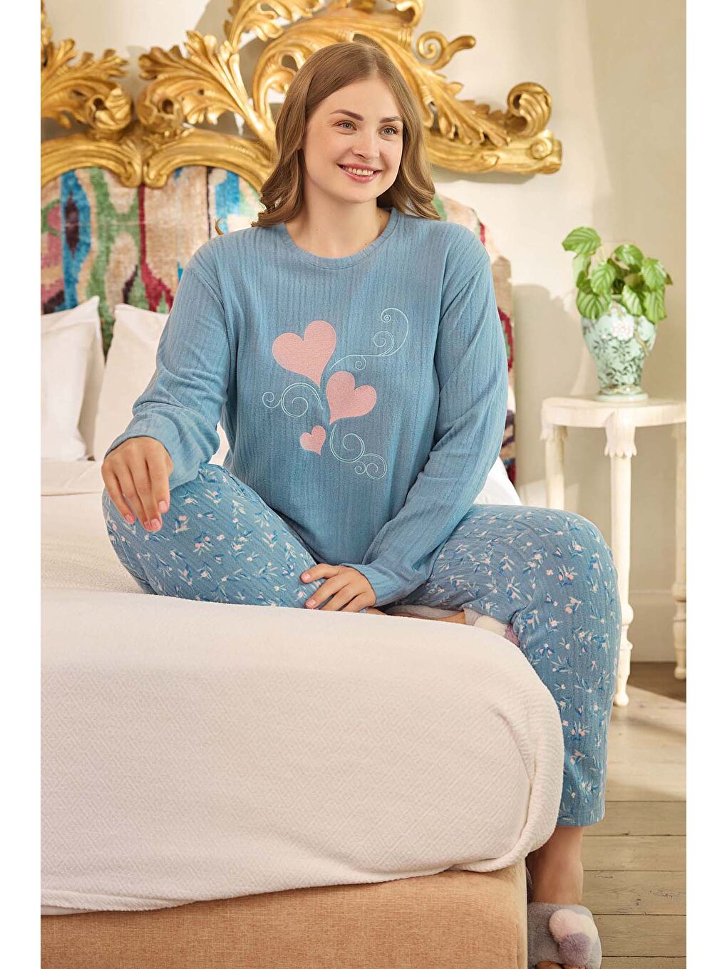 Turkuaz Büyük Beden Termal Kadın Uzun Kol Pijama Takımı 240686 Mavi01