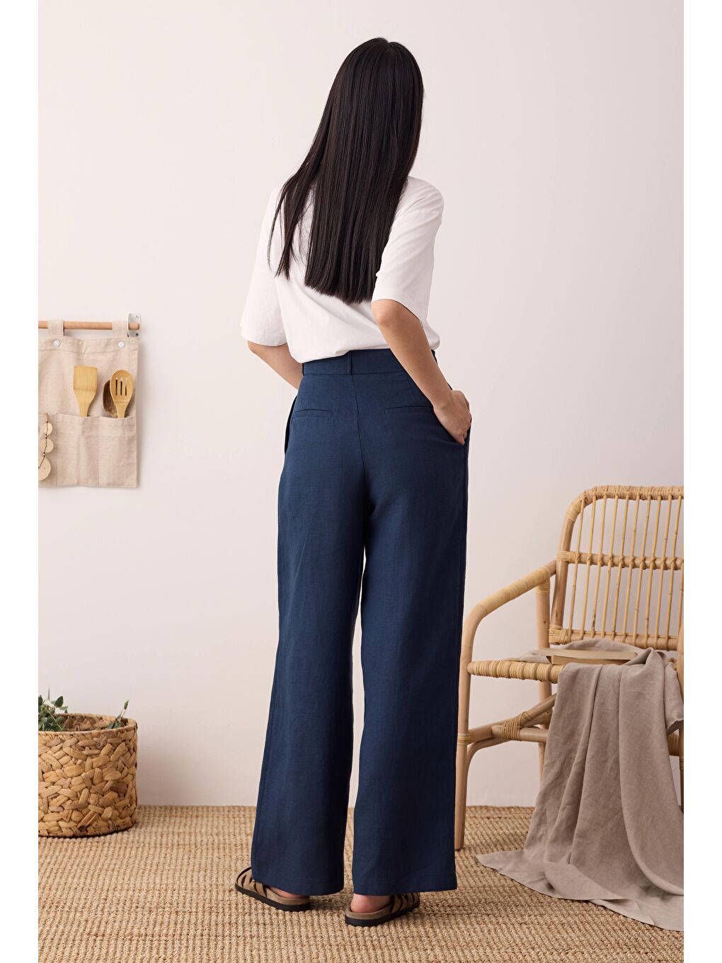 Lacivert Pileli Basic Keten Pantolon Gece Mavi-2