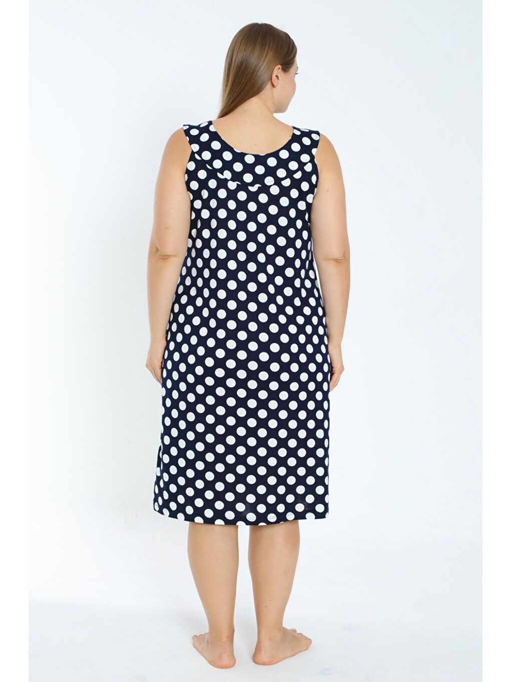 Lacivert Kadın Puantiyeli Askılı Cepli Büyük Beden Pamuklu Elbise-3