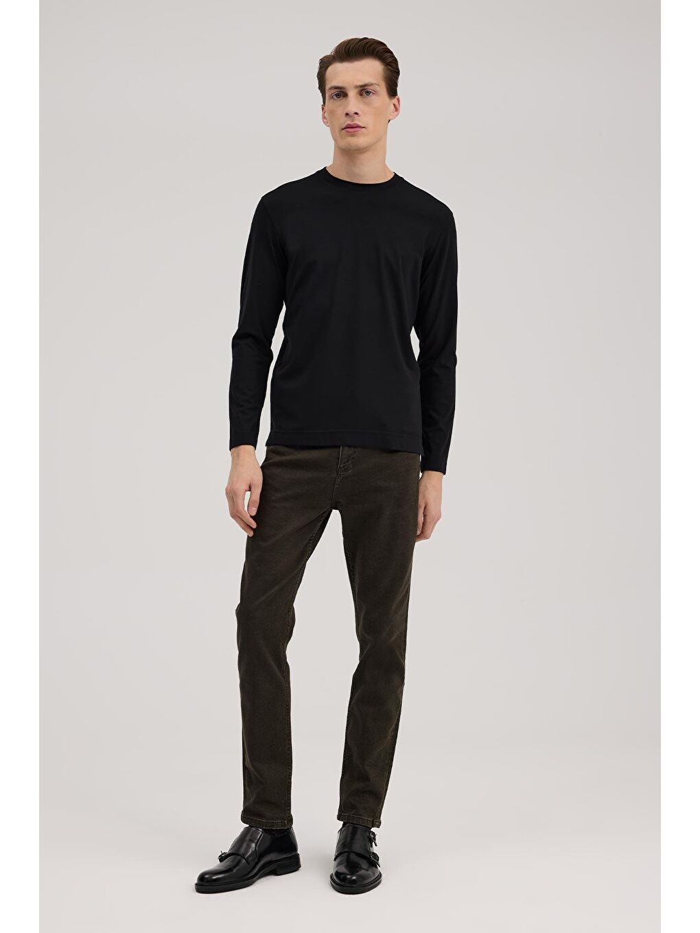 Siyah Slim Fit Bisiklet Yaka Rayon Uzun Kollu Basic T-Shirt-1