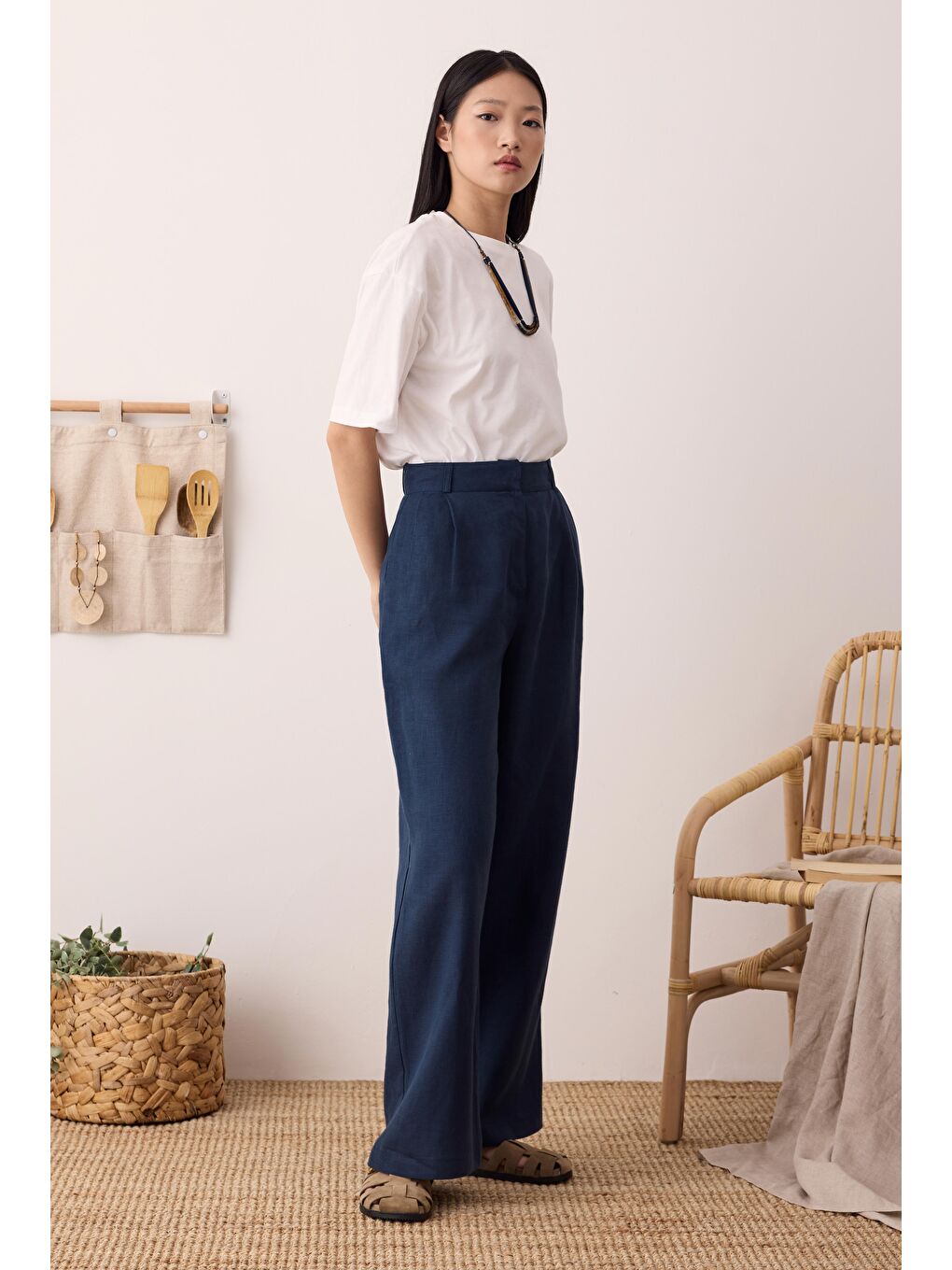 Lacivert Pileli Basic Keten Pantolon Gece Mavi-3