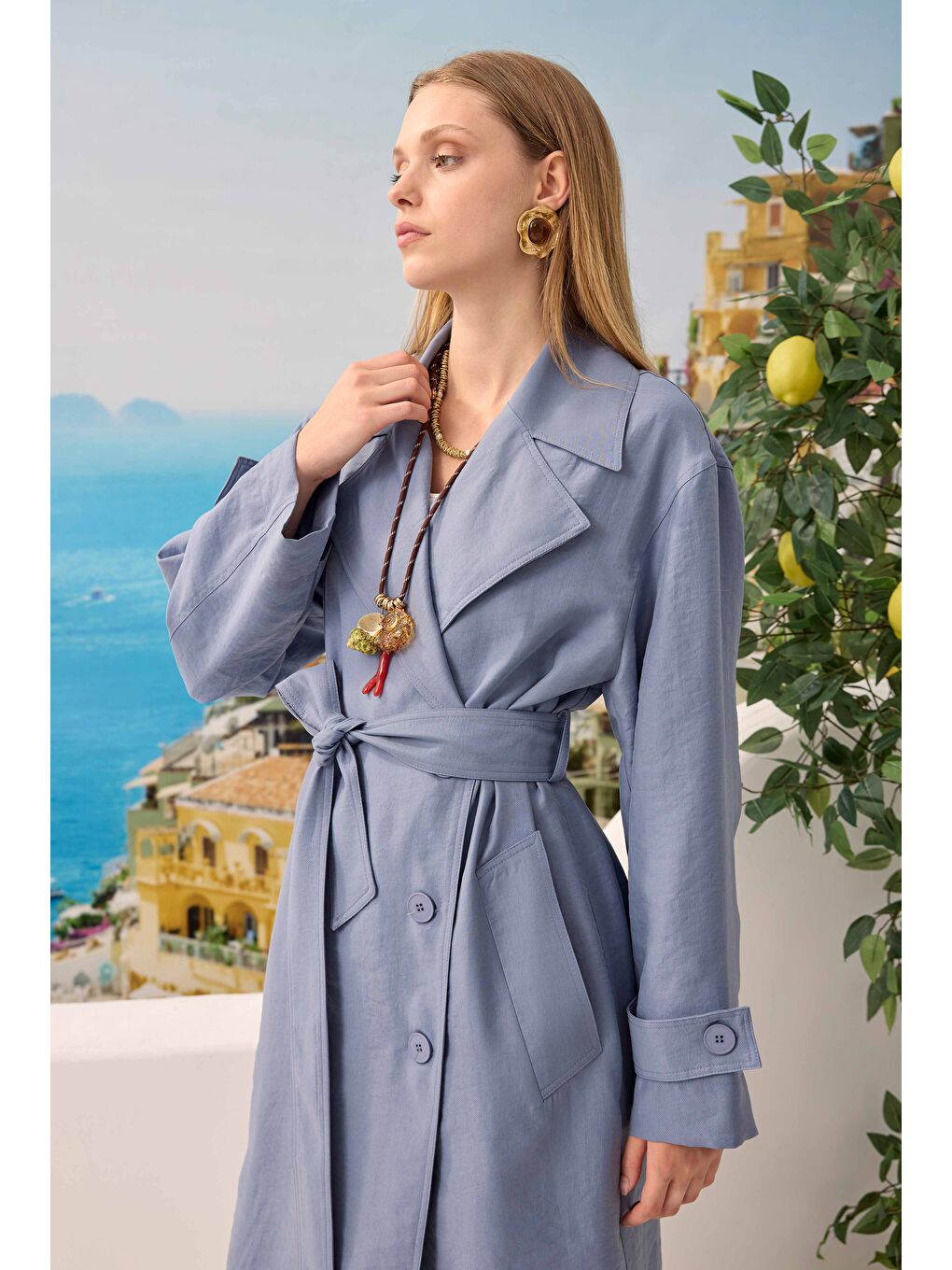 Lila Düğmeli Uzun Trençkot Lavanta Mavi-1