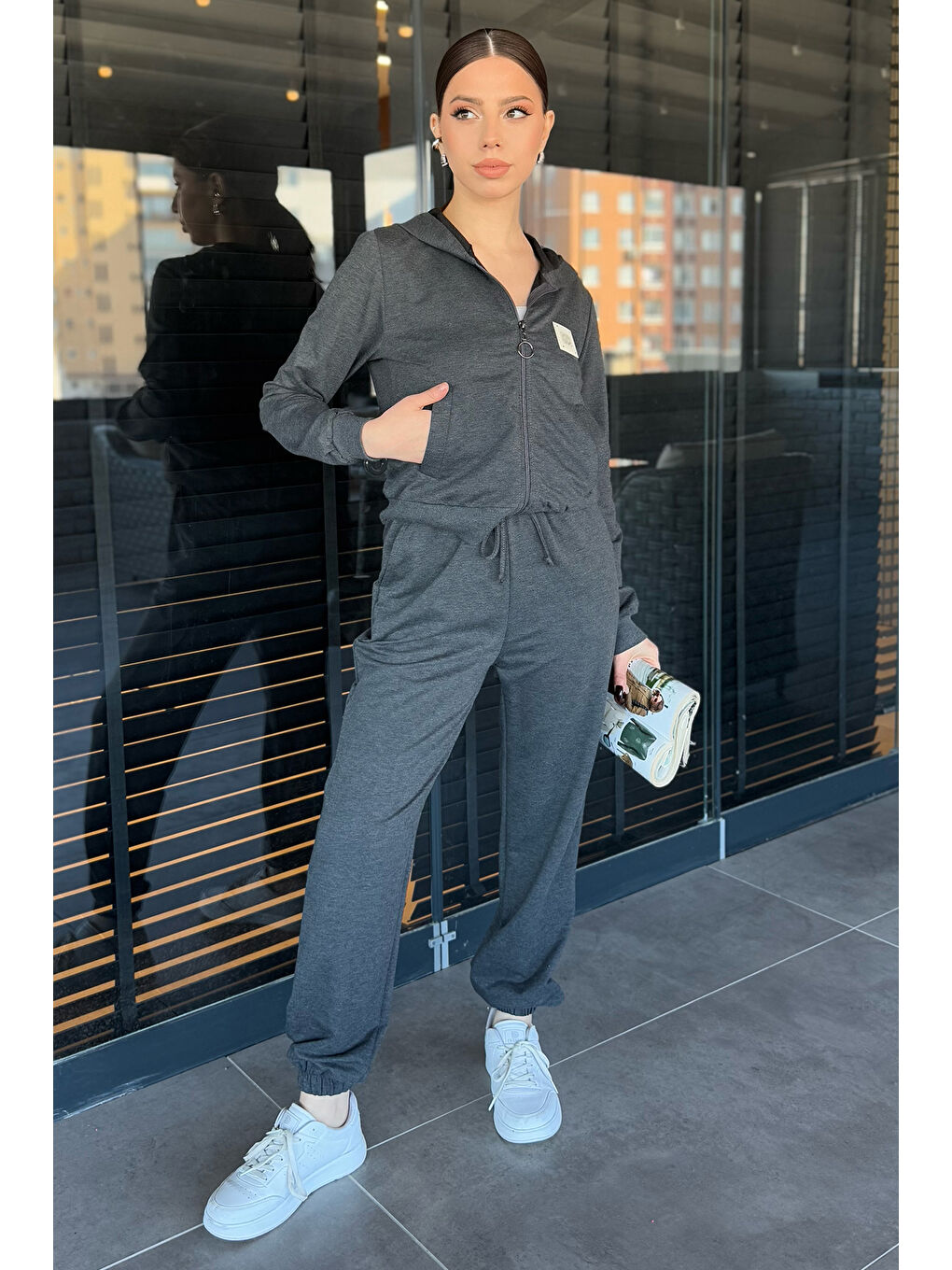 Antrasit Kadın Kapüşonlu Fermuarlı Sweat Pantolon Eşofman Takımı-1
