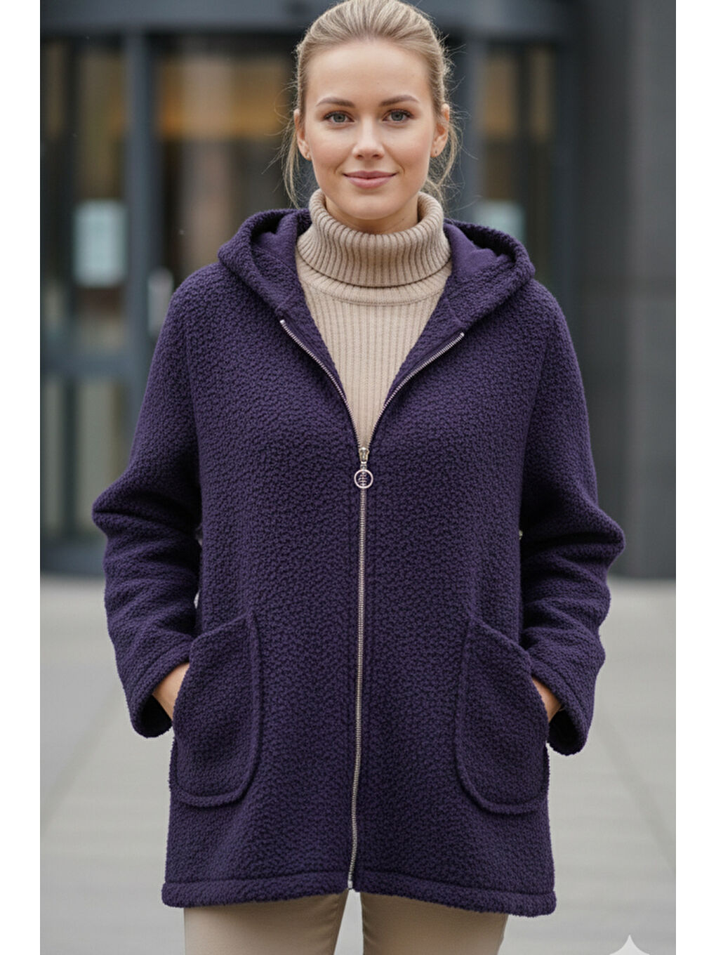 İtalyan Mor Kapüşonlu Uzun Kol Fermuarlı Cepli Casual Buklet Oversize Dokuma Ceket 75 80