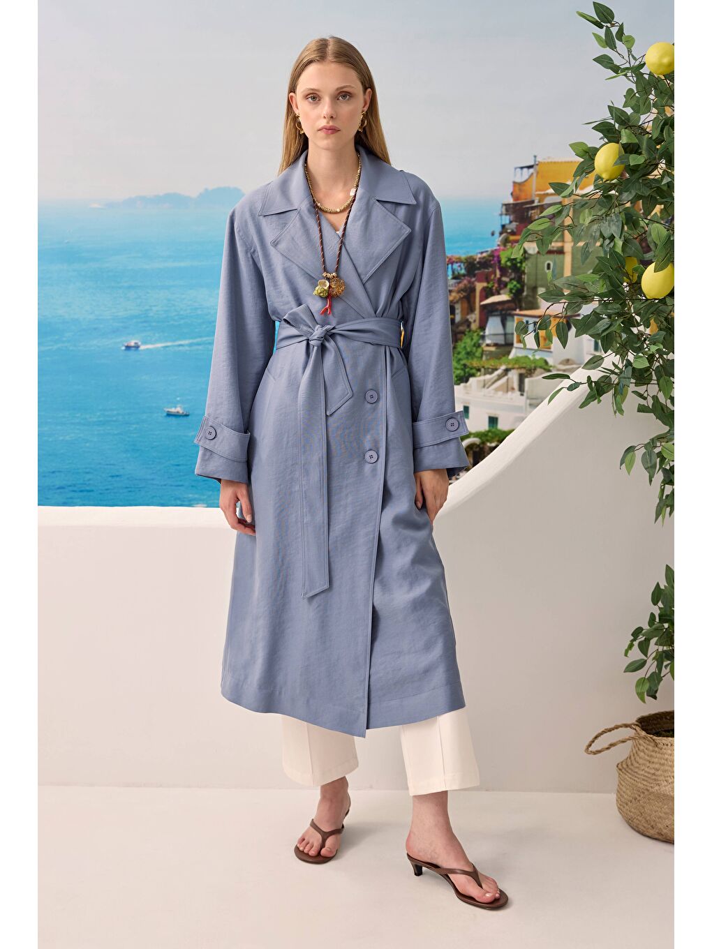 Lila Düğmeli Uzun Trençkot Lavanta Mavi-2