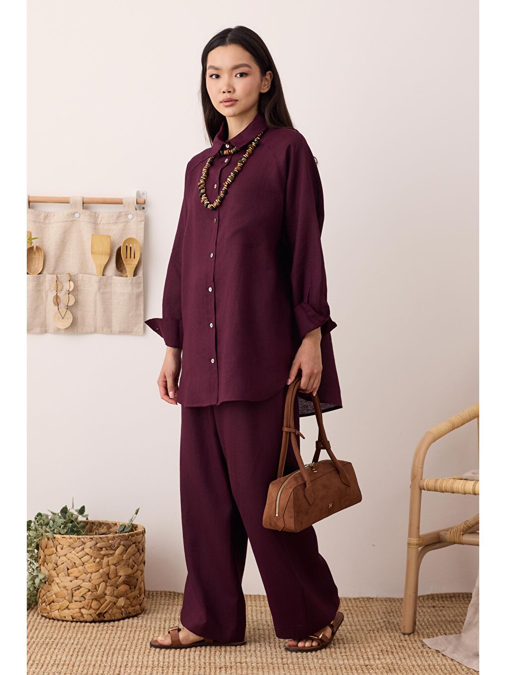 Pileli Basic Keten Pantolon Bordo-1