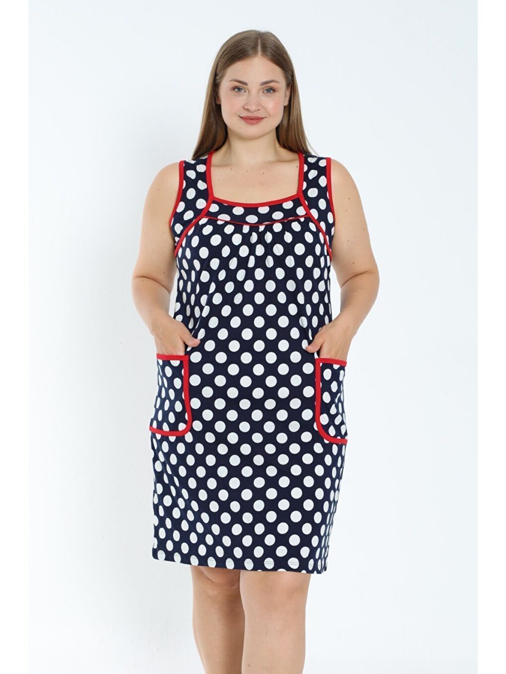 Kadın Puantiyeli Lacivert Biye Detaylı Cepli Pamuklu Elbise