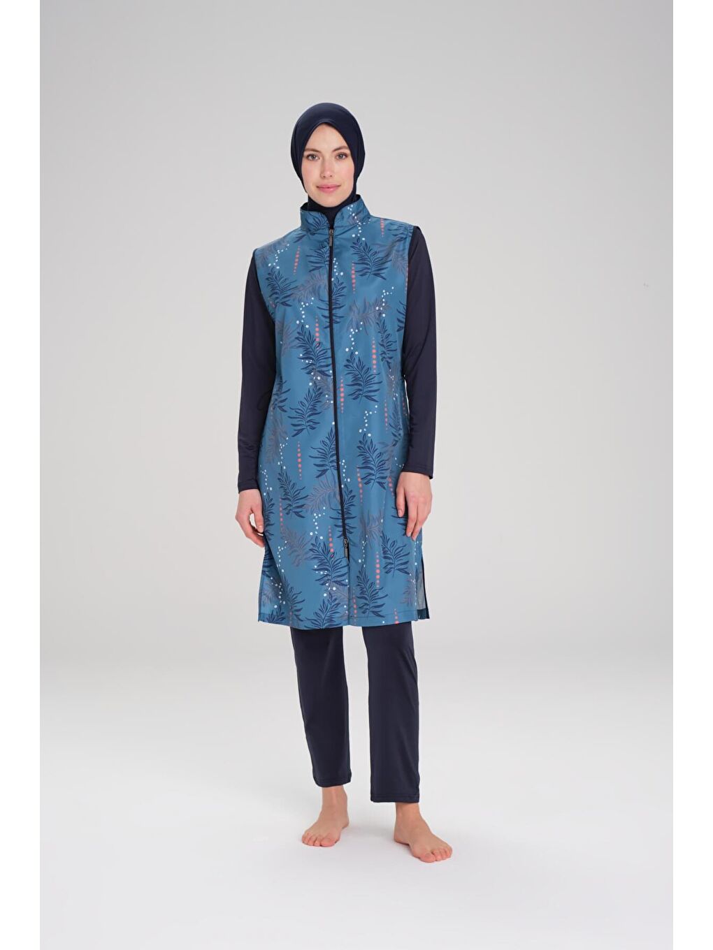 Nehar Yaprak Desenli Lacivert Mavi Jileli 3 Parça Tam Tesettür Mayo Takımı 2263