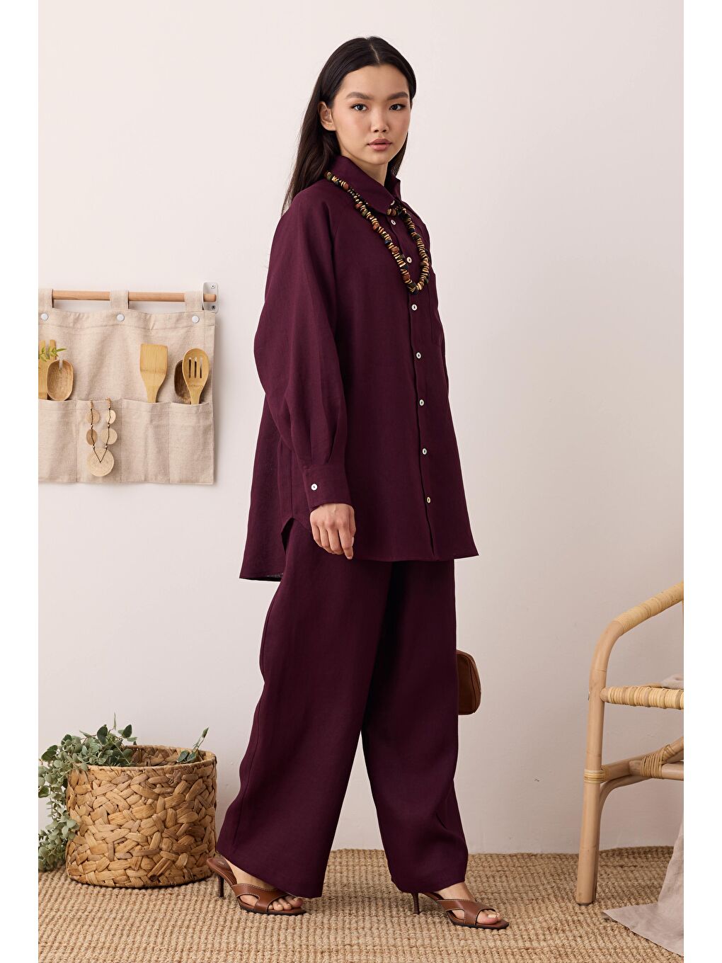 Pileli Basic Keten Pantolon Bordo-2