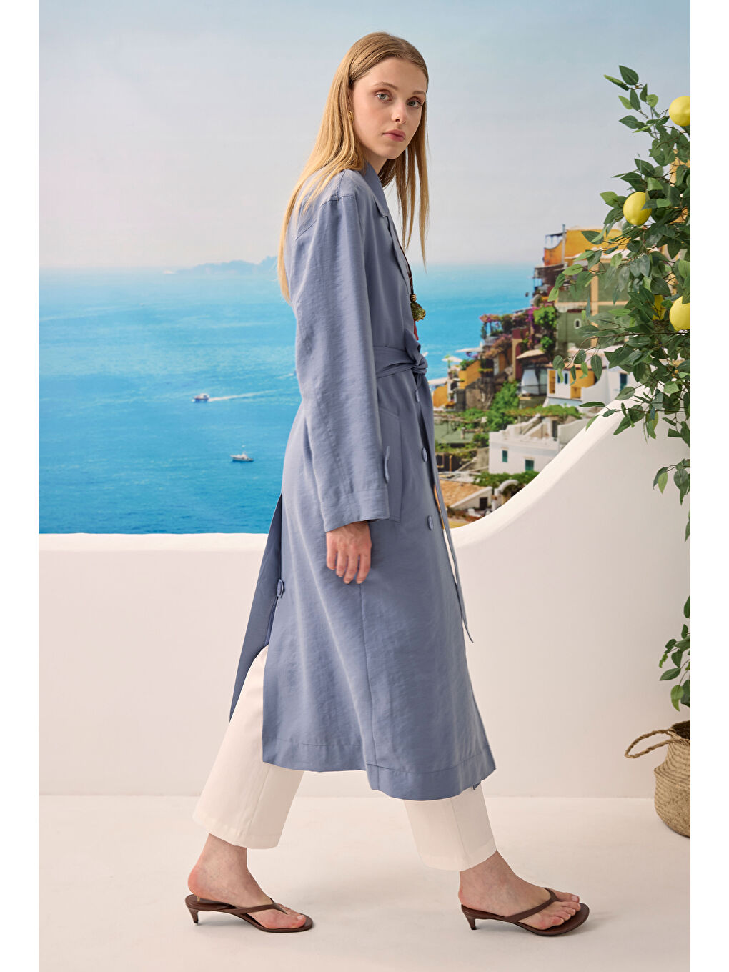 Lila Düğmeli Uzun Trençkot Lavanta Mavi-3