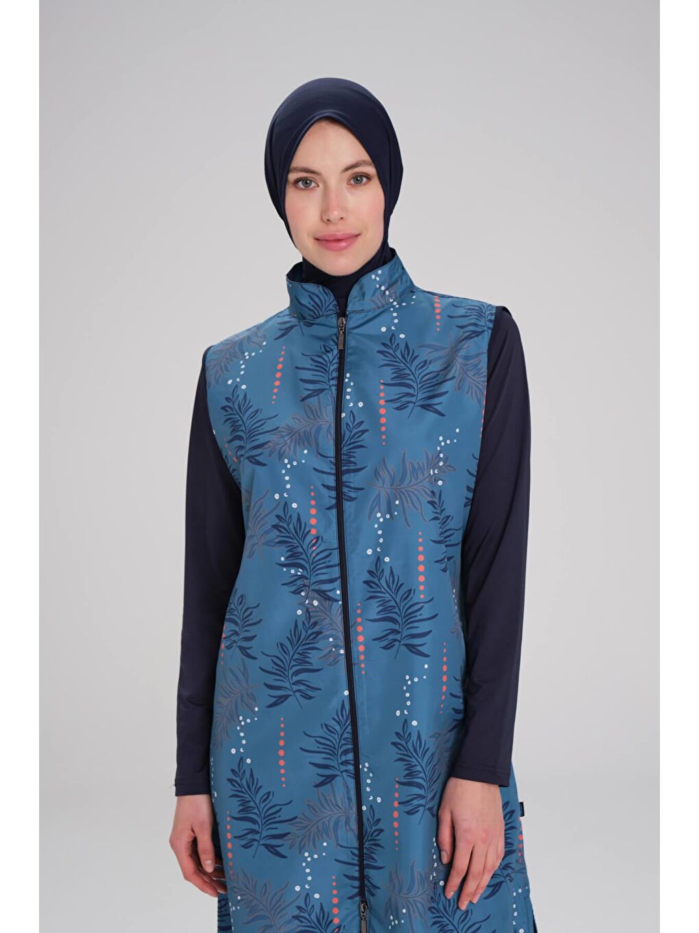 Nehar Yaprak Desenli Lacivert Mavi Jileli 3 Parça Tam Tesettür Mayo Takımı 2263-1