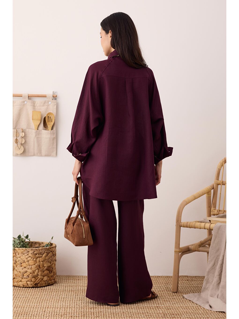 Pileli Basic Keten Pantolon Bordo-3