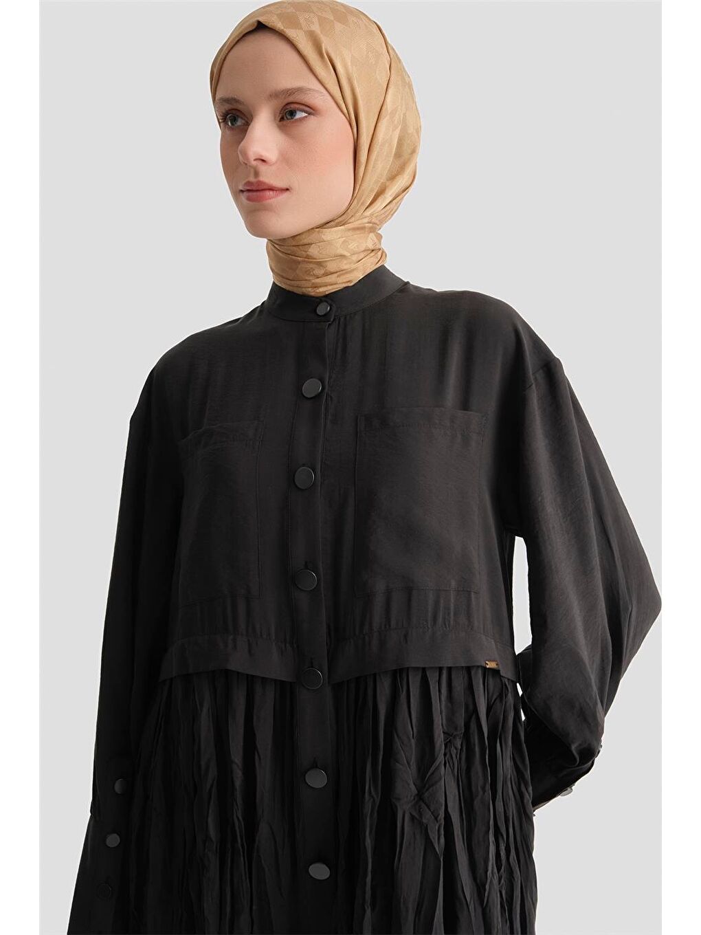 Kırışık Efektli Kupra Elbise Siyah-1