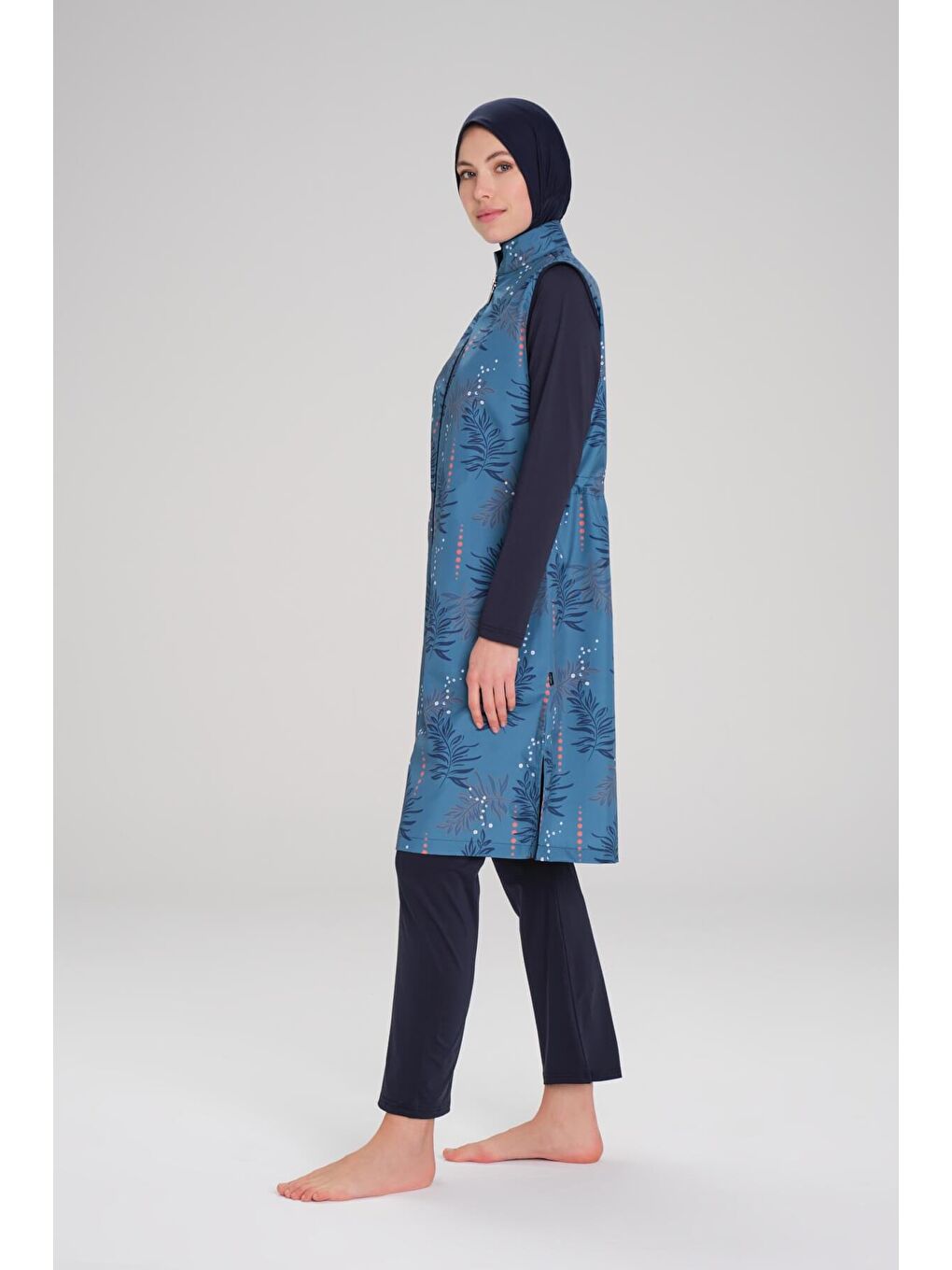 Nehar Yaprak Desenli Lacivert Mavi Jileli 3 Parça Tam Tesettür Mayo Takımı 2263-2