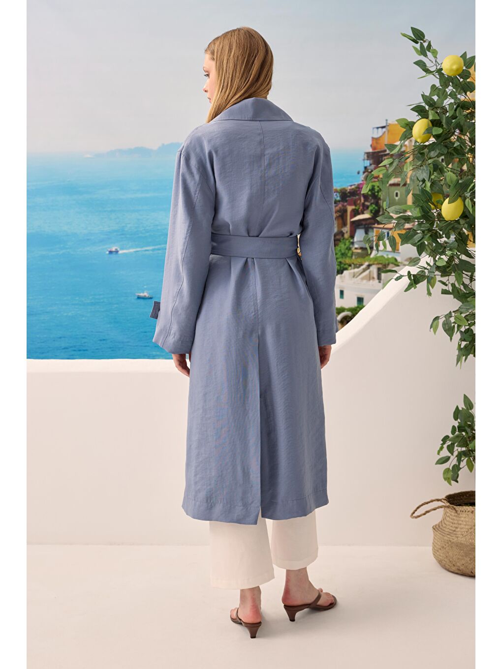 Lila Düğmeli Uzun Trençkot Lavanta Mavi-4