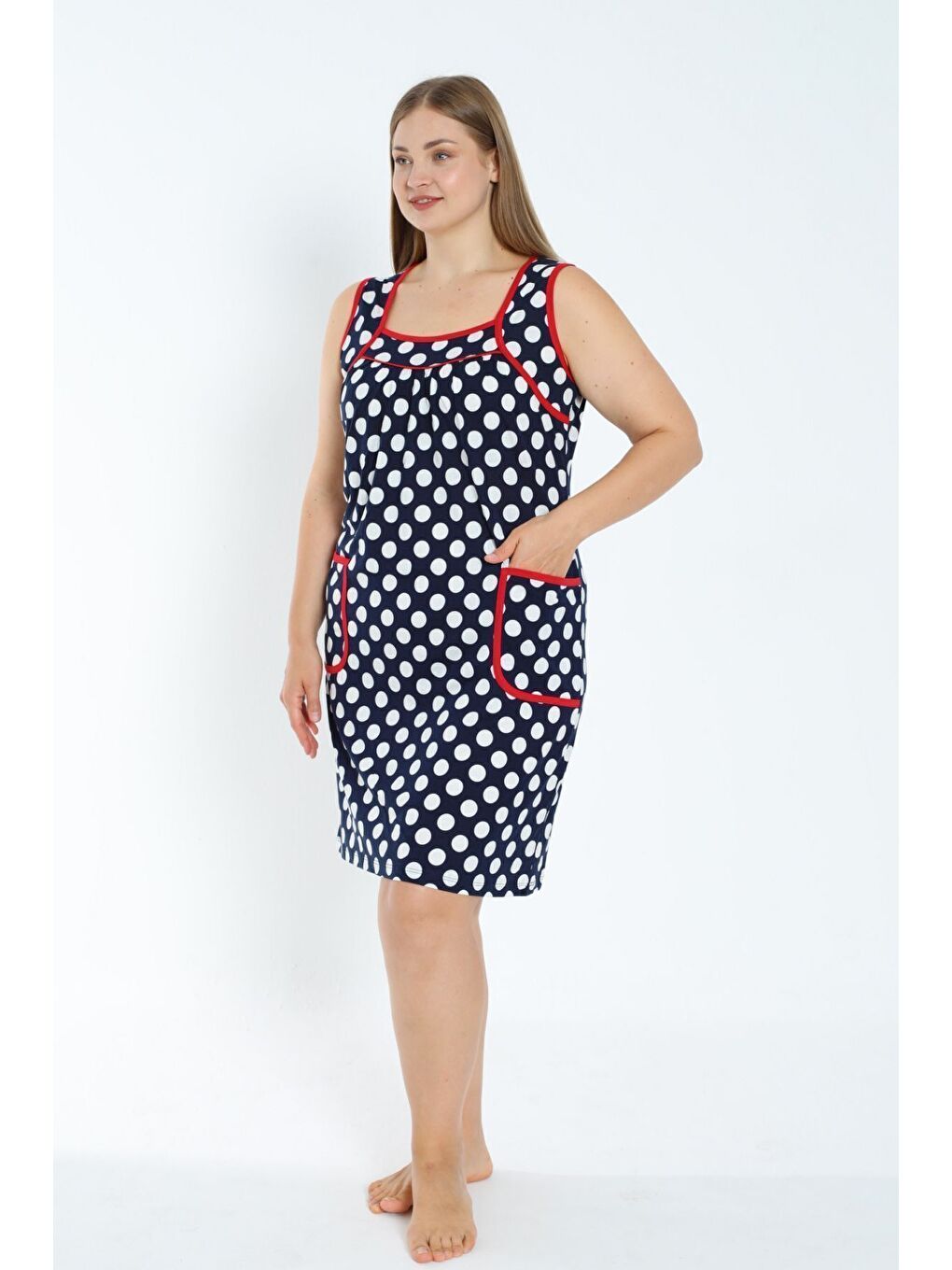 Kadın Puantiyeli Lacivert Biye Detaylı Cepli Pamuklu Elbise-1