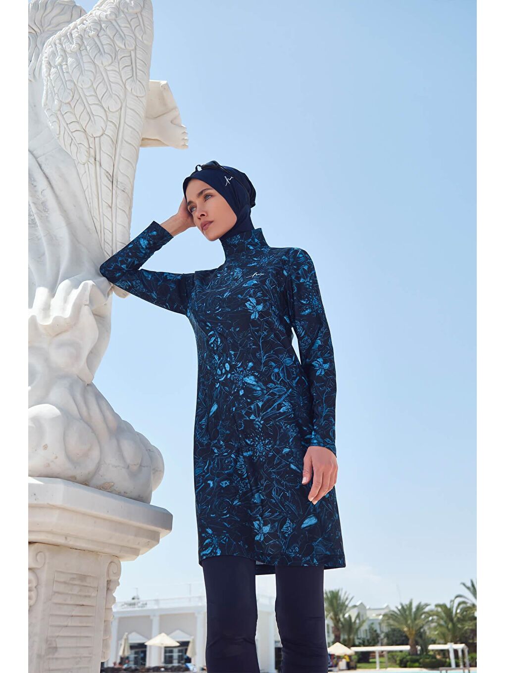 Mavi Çiçek Detaylı Elastanlı Lacivert 4 Parça Tam Tesettür Mayo Takımı 3025