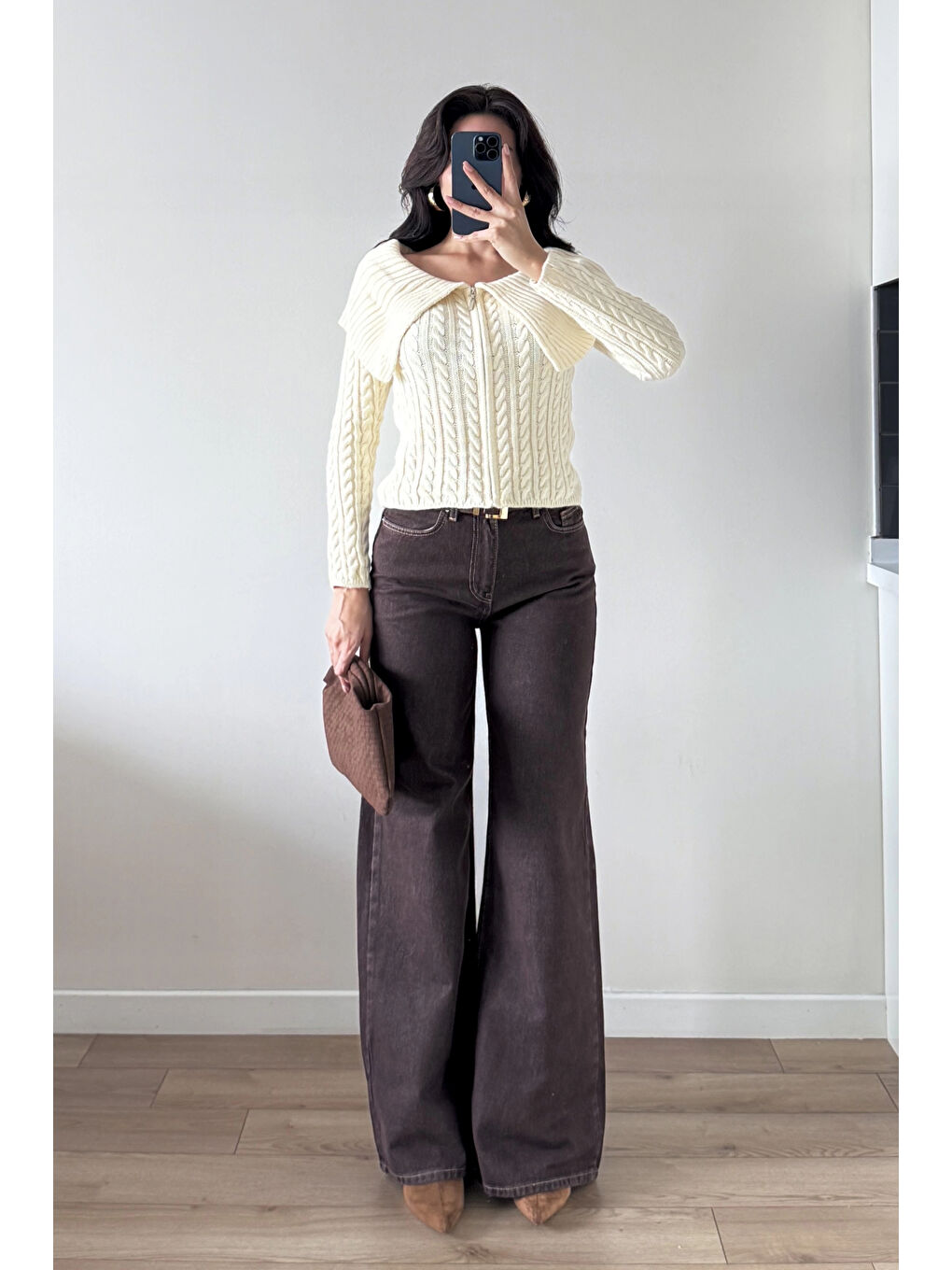 Kadın Ekru Fermuarlı Hırka 1014-2406-1