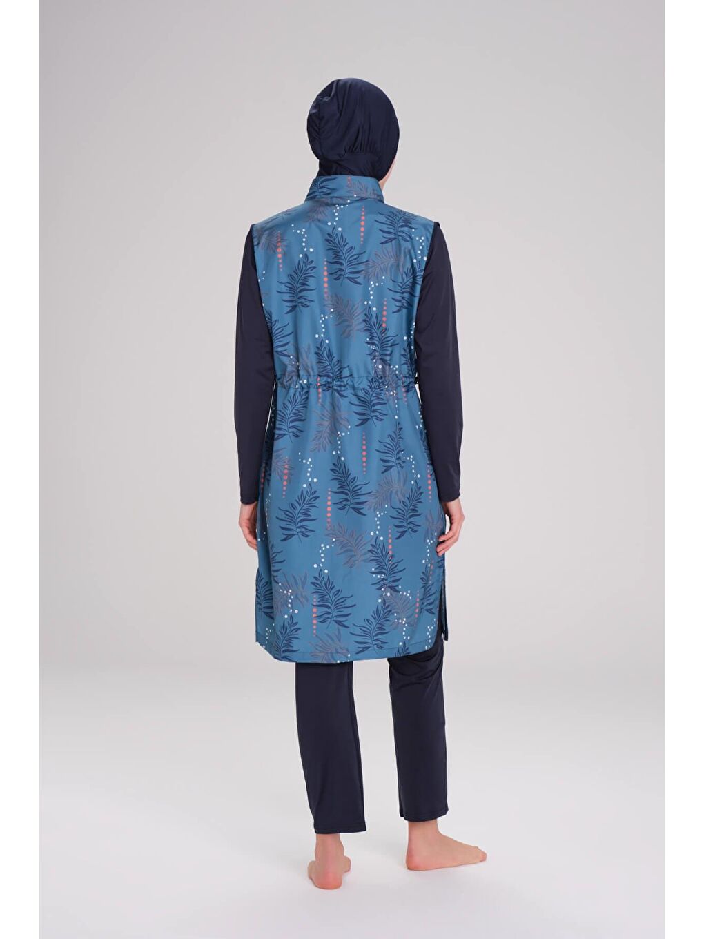 Nehar Yaprak Desenli Lacivert Mavi Jileli 3 Parça Tam Tesettür Mayo Takımı 2263-3