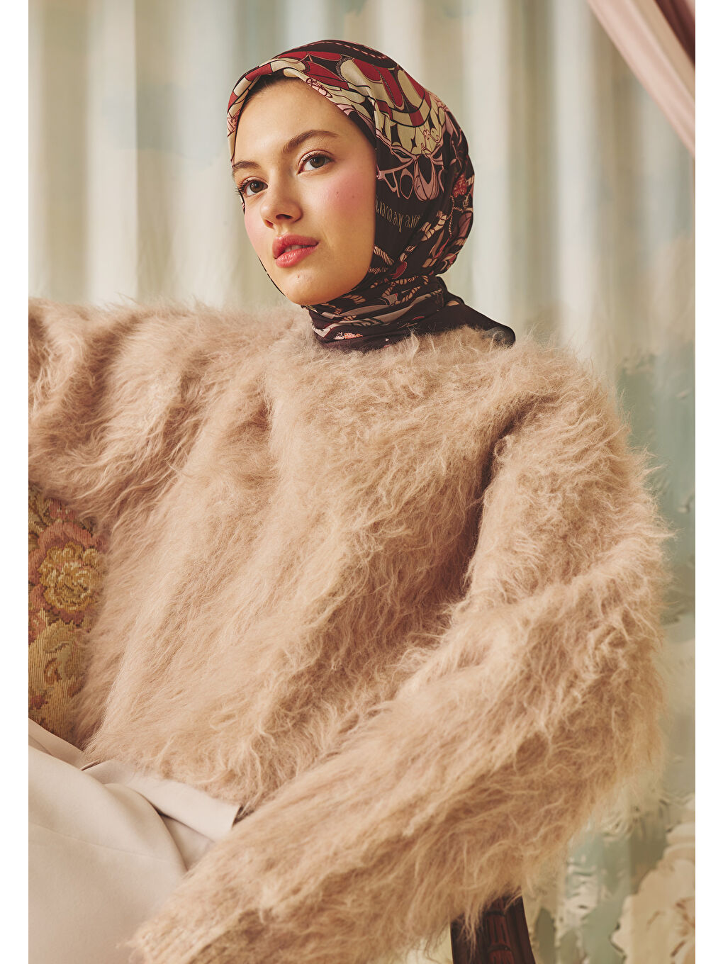 Bordo DREAMY SKIES DESEN FLOŞ VİSKON EŞARP BURGUNDY