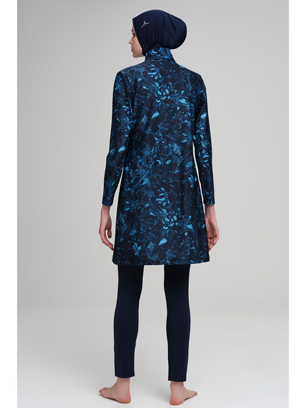 Mavi Çiçek Detaylı Elastanlı Lacivert 4 Parça Tam Tesettür Mayo Takımı 3025-2