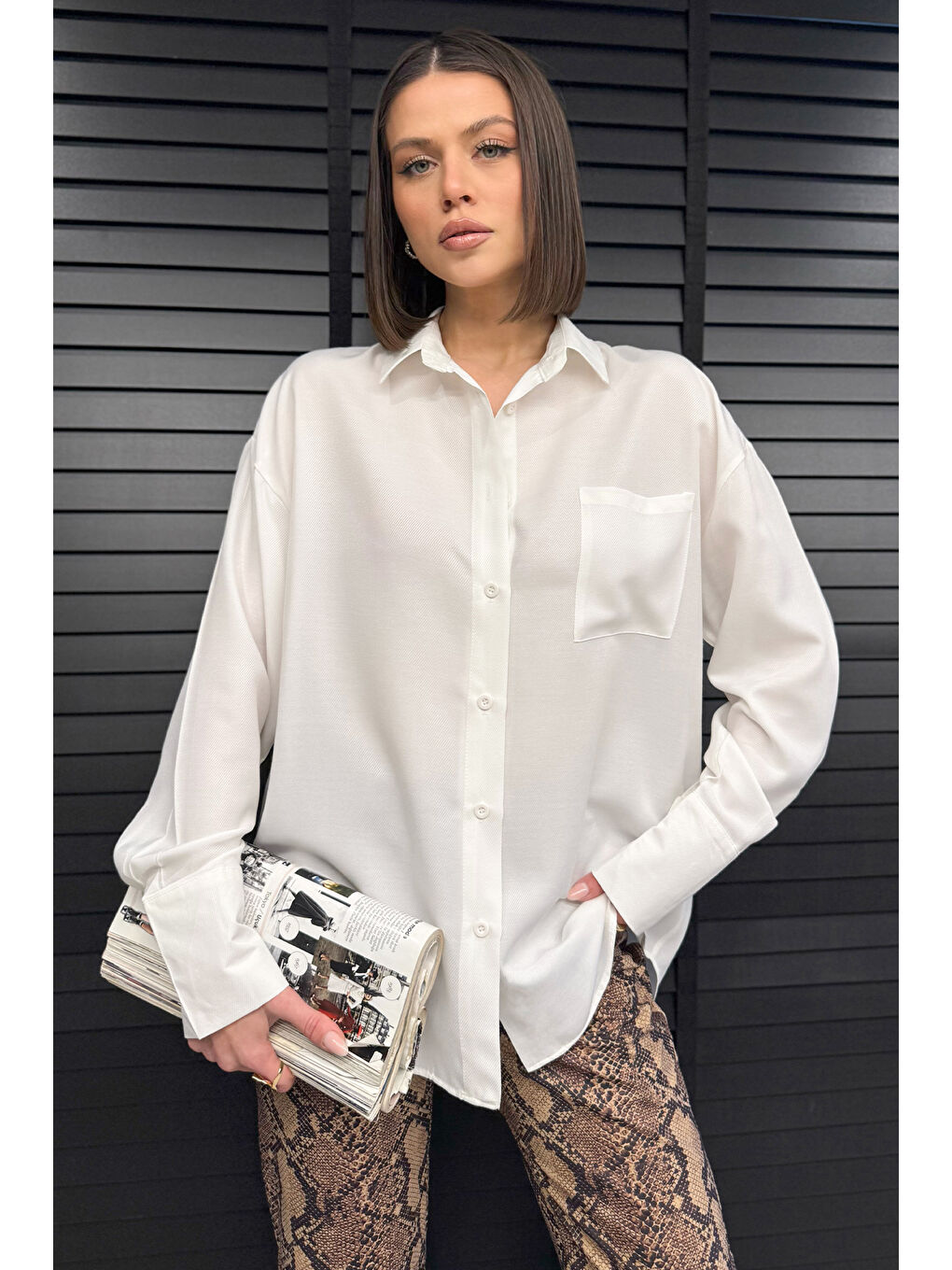Ekru Kadın Tek Cepli Salaş Gömlek