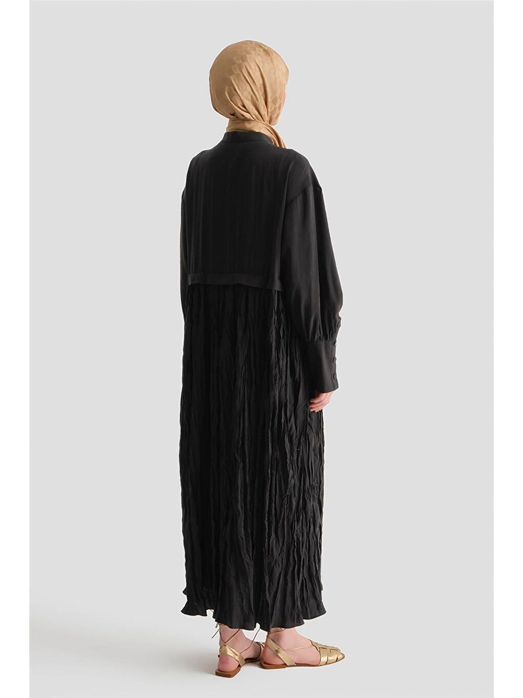 Kırışık Efektli Kupra Elbise Siyah-4