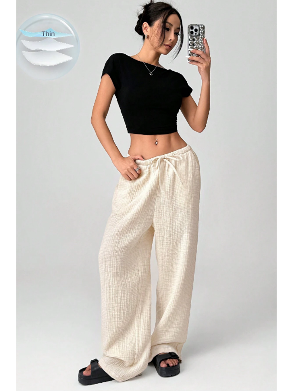 Bej Bol Paça Müslin Kadın Pantolon-3