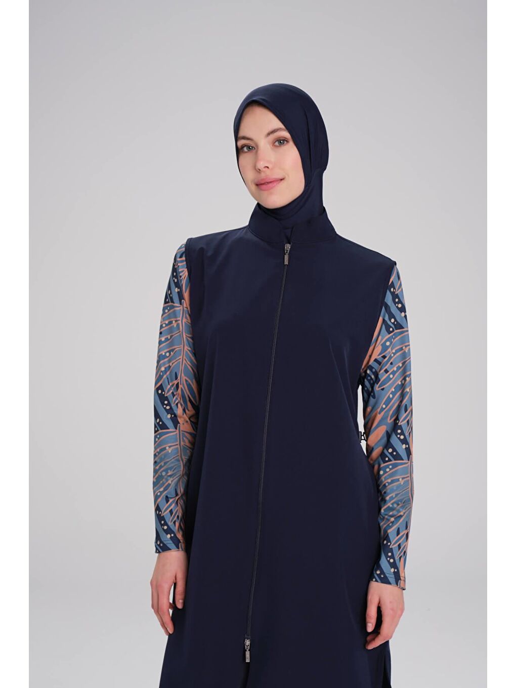 Nehar Kolu Desenli Lacivert Jileli 3 Parça Tam Tesettür Mayo Takımı 2267-1