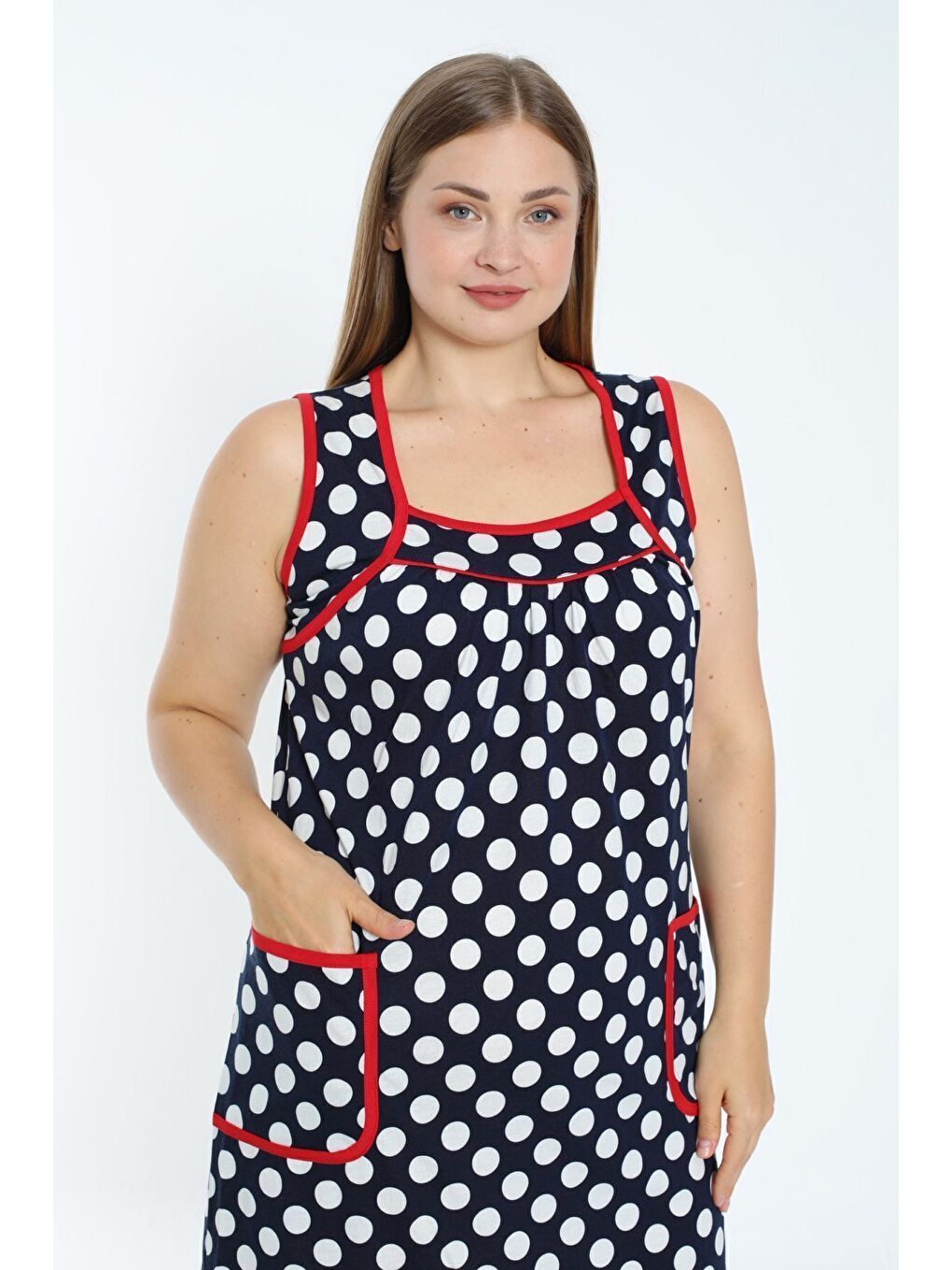 Kadın Puantiyeli Lacivert Biye Detaylı Cepli Pamuklu Elbise-3