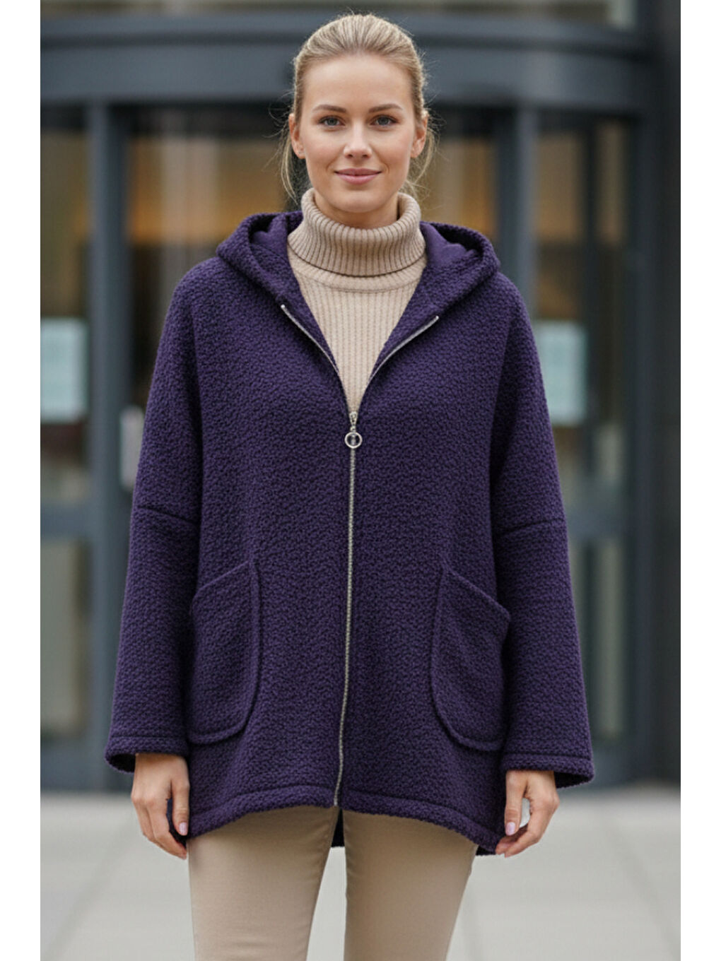 İtalyan Mor Kapüşonlu Uzun Kol Fermuarlı Cepli Casual Buklet Oversize Dokuma Ceket 75 80-1