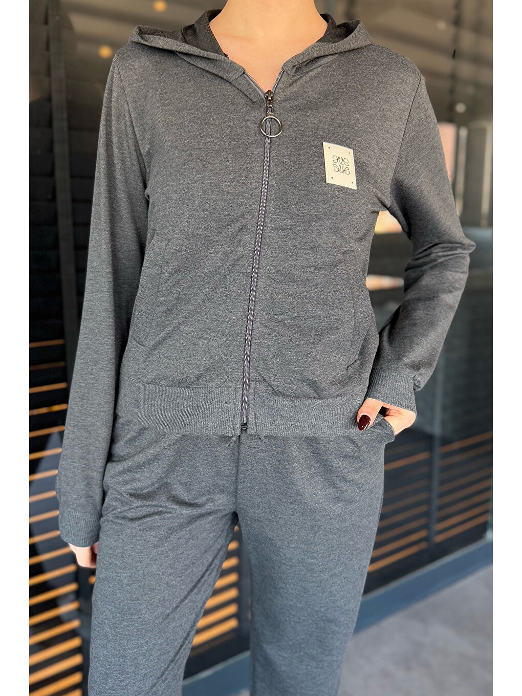 Antrasit Kadın Kapüşonlu Fermuarlı Sweat Pantolon Eşofman Takımı-3
