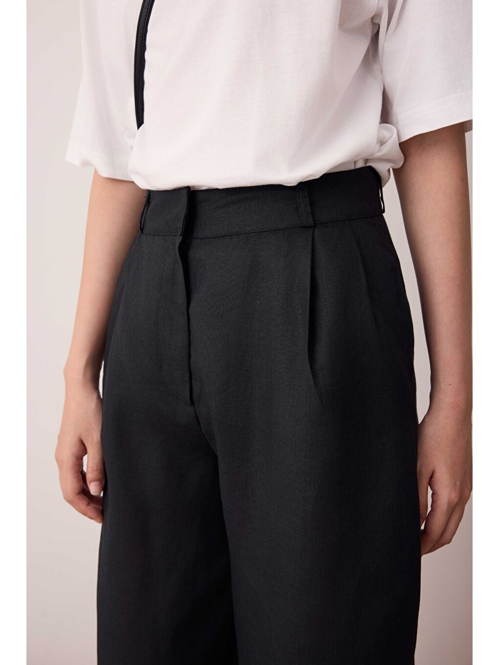 Pileli Basic Keten Pantolon Siyah-2