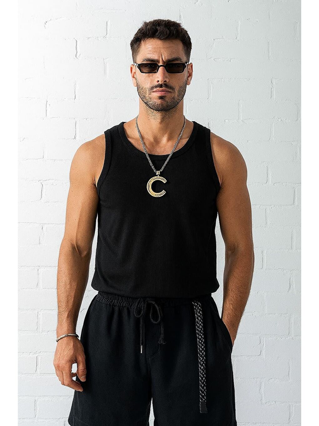 Erkek Basic Fitilli Kumaş Sporcu Atlet Siyah-4