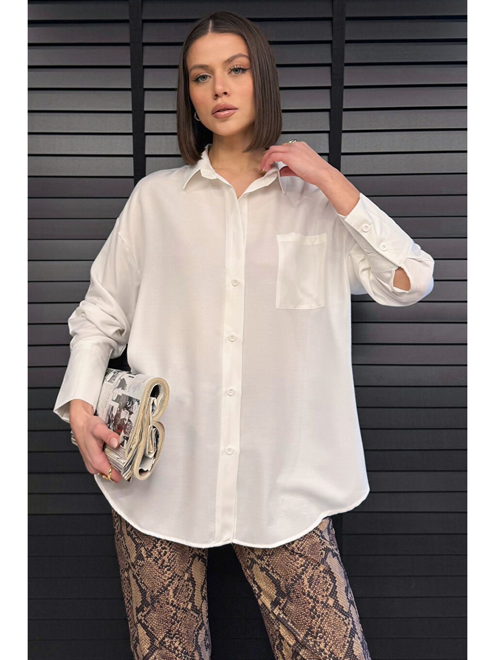 Ekru Kadın Tek Cepli Salaş Gömlek-1