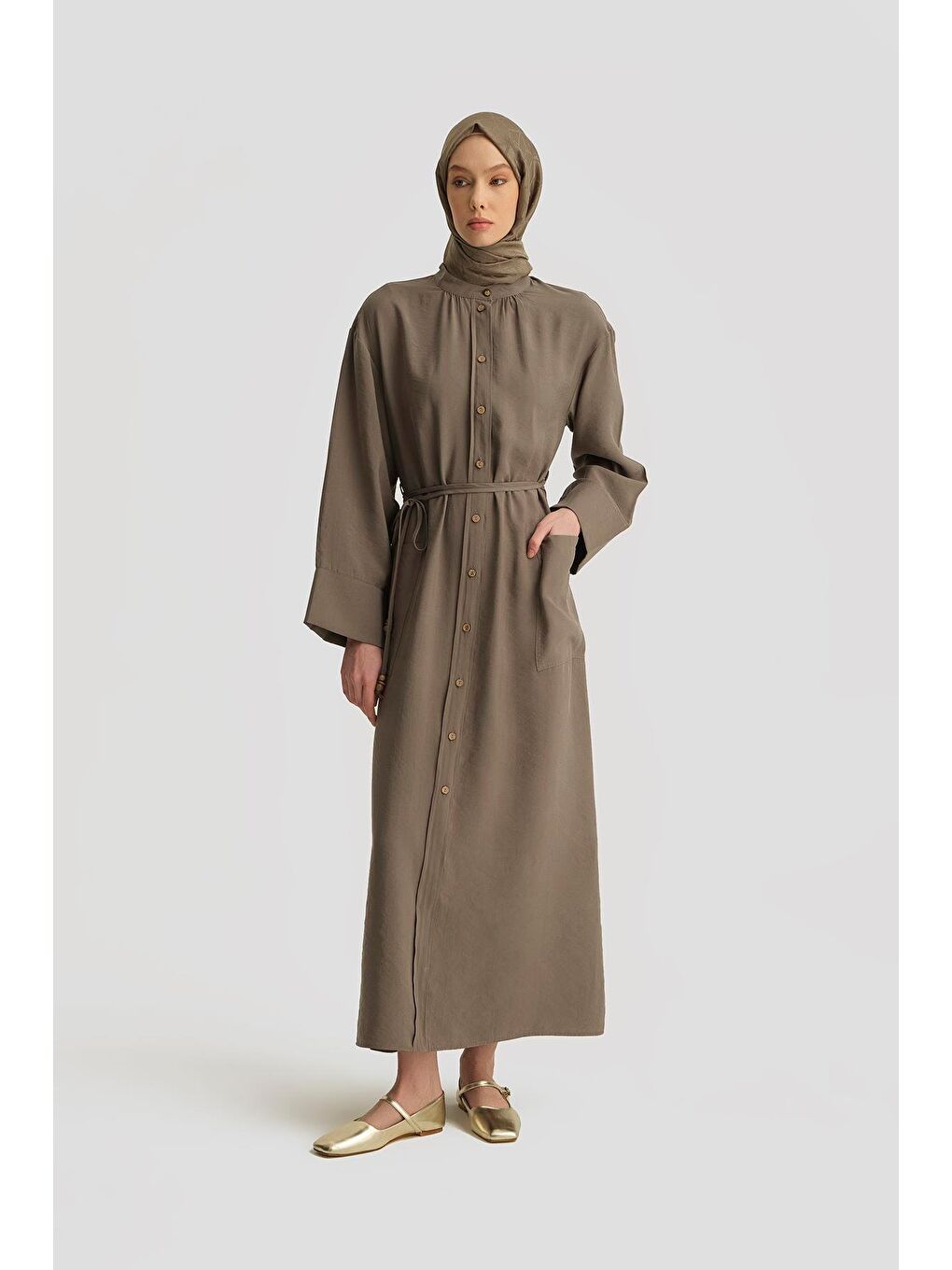 Modal Bağlama Detaylı Elbise Haki