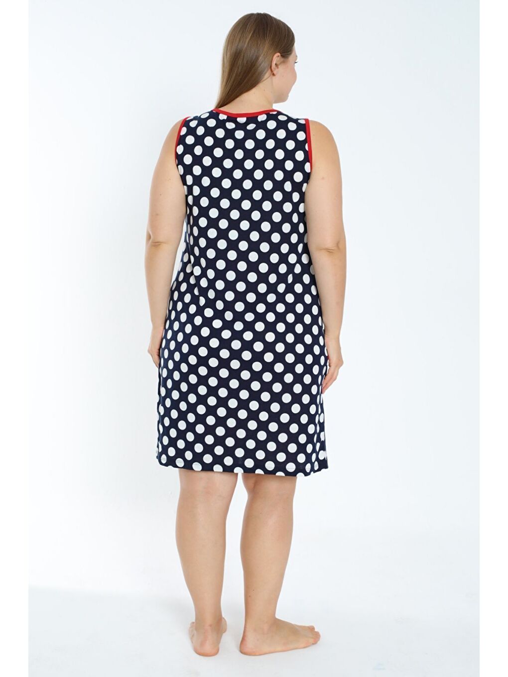 Kadın Puantiyeli Lacivert Biye Detaylı Cepli Pamuklu Elbise-4