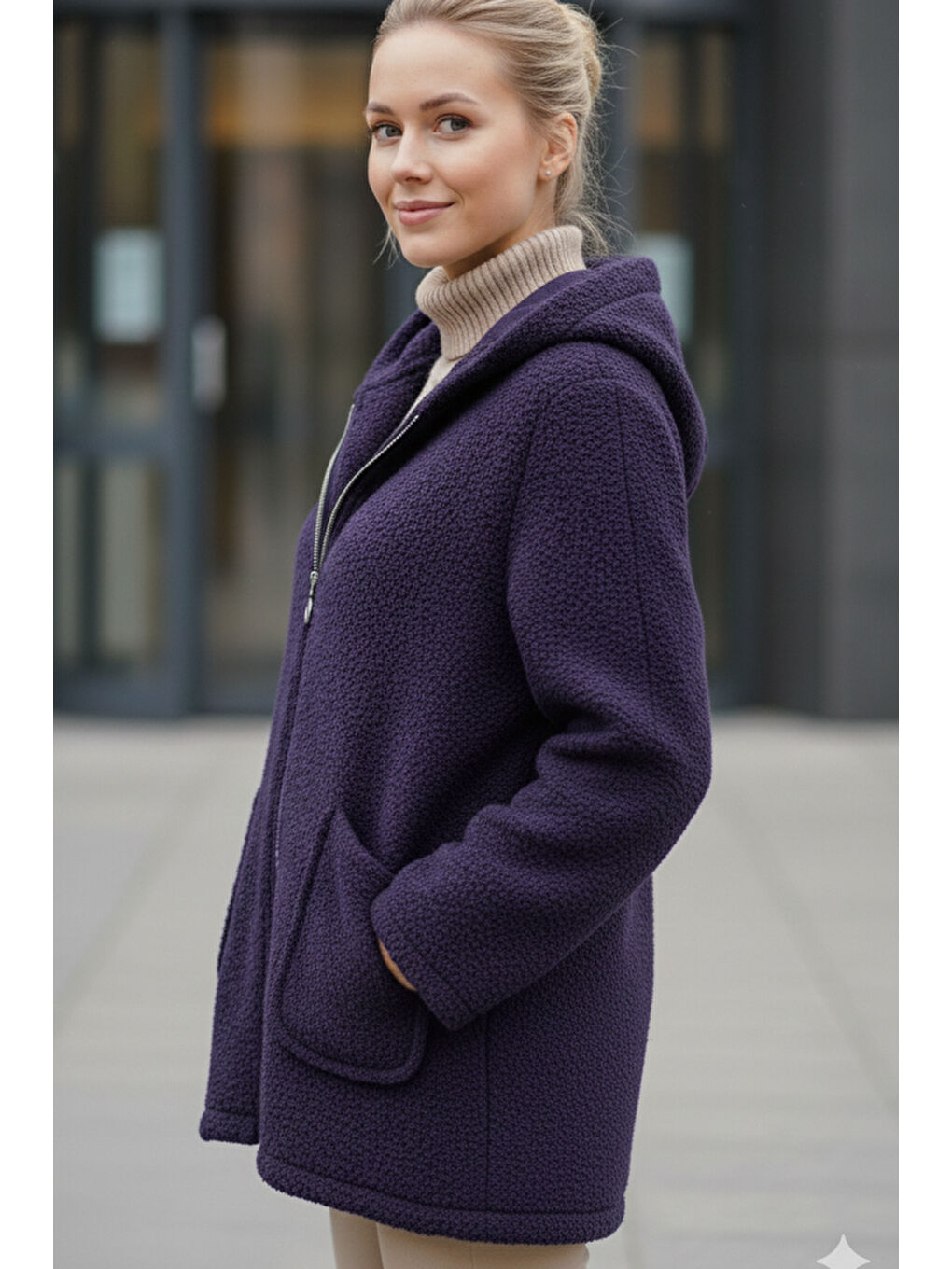 İtalyan Mor Kapüşonlu Uzun Kol Fermuarlı Cepli Casual Buklet Oversize Dokuma Ceket 75 80-2
