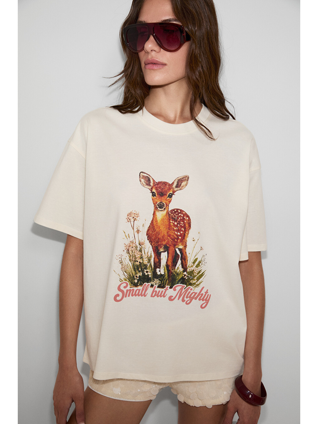 Orıstano Kadın %100 Organik Pamuklu Kalın Dokulu Oversize Fit Baskılı Ekru T-shirt