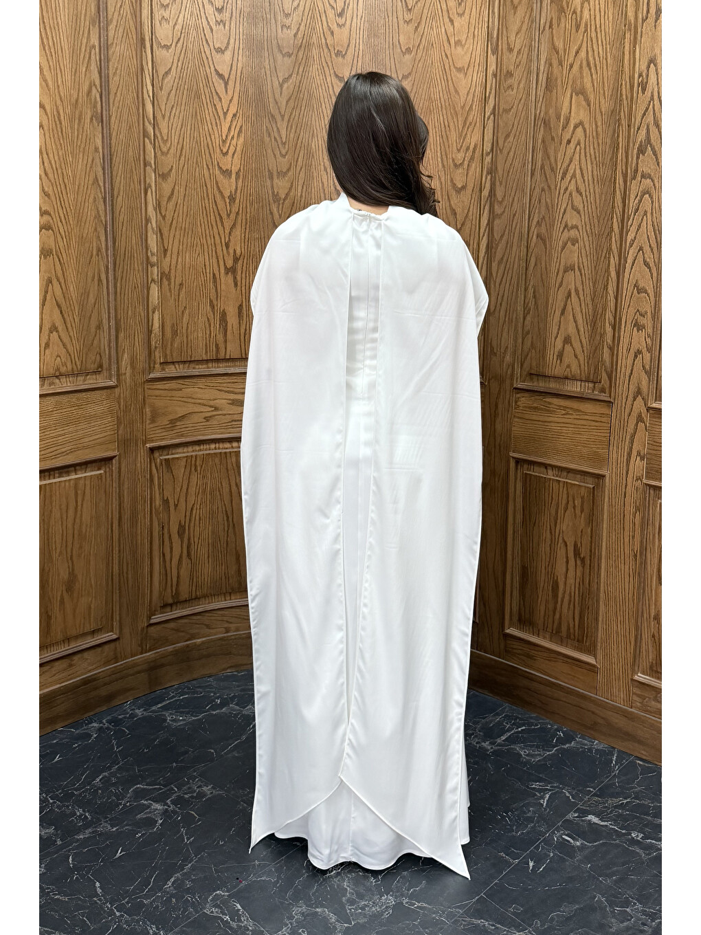 Kadın Beyaz Kuşaklı Saten Söz Nişan Nikah Abiye Elbise-4