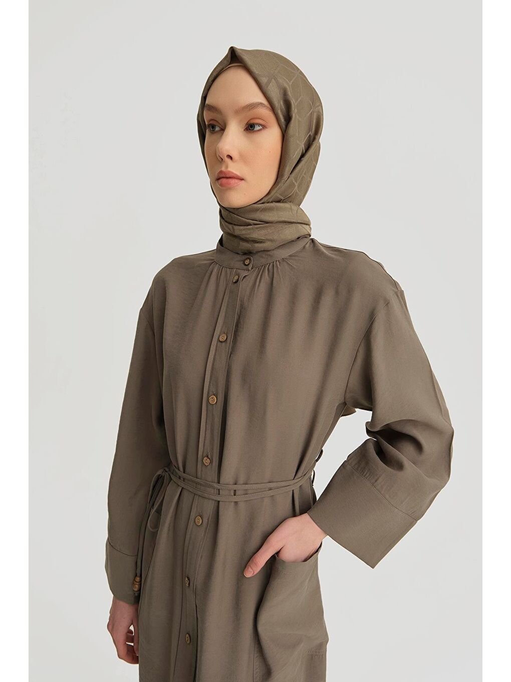 Modal Bağlama Detaylı Elbise Haki-2