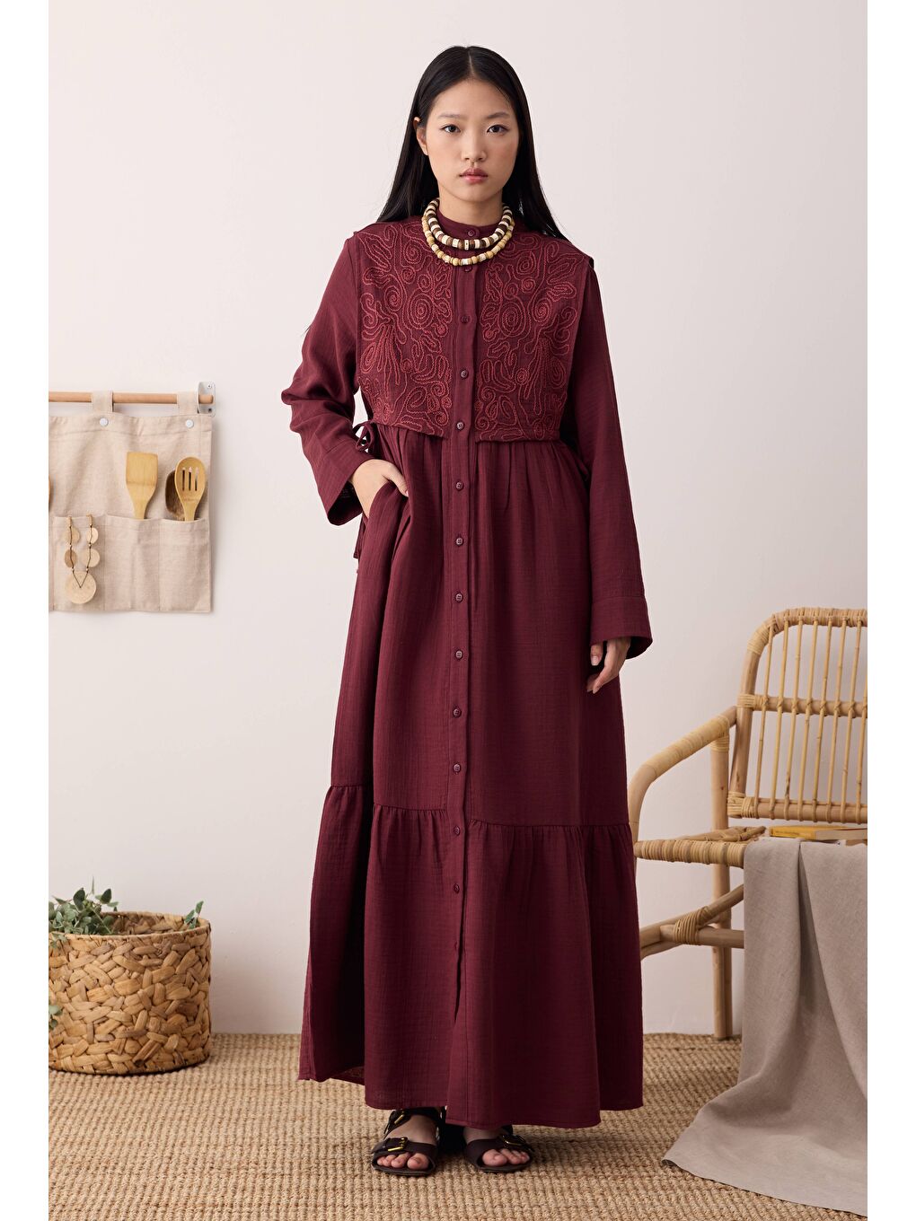 Önü Ters Rüzgarlıklı Elbise Bordo