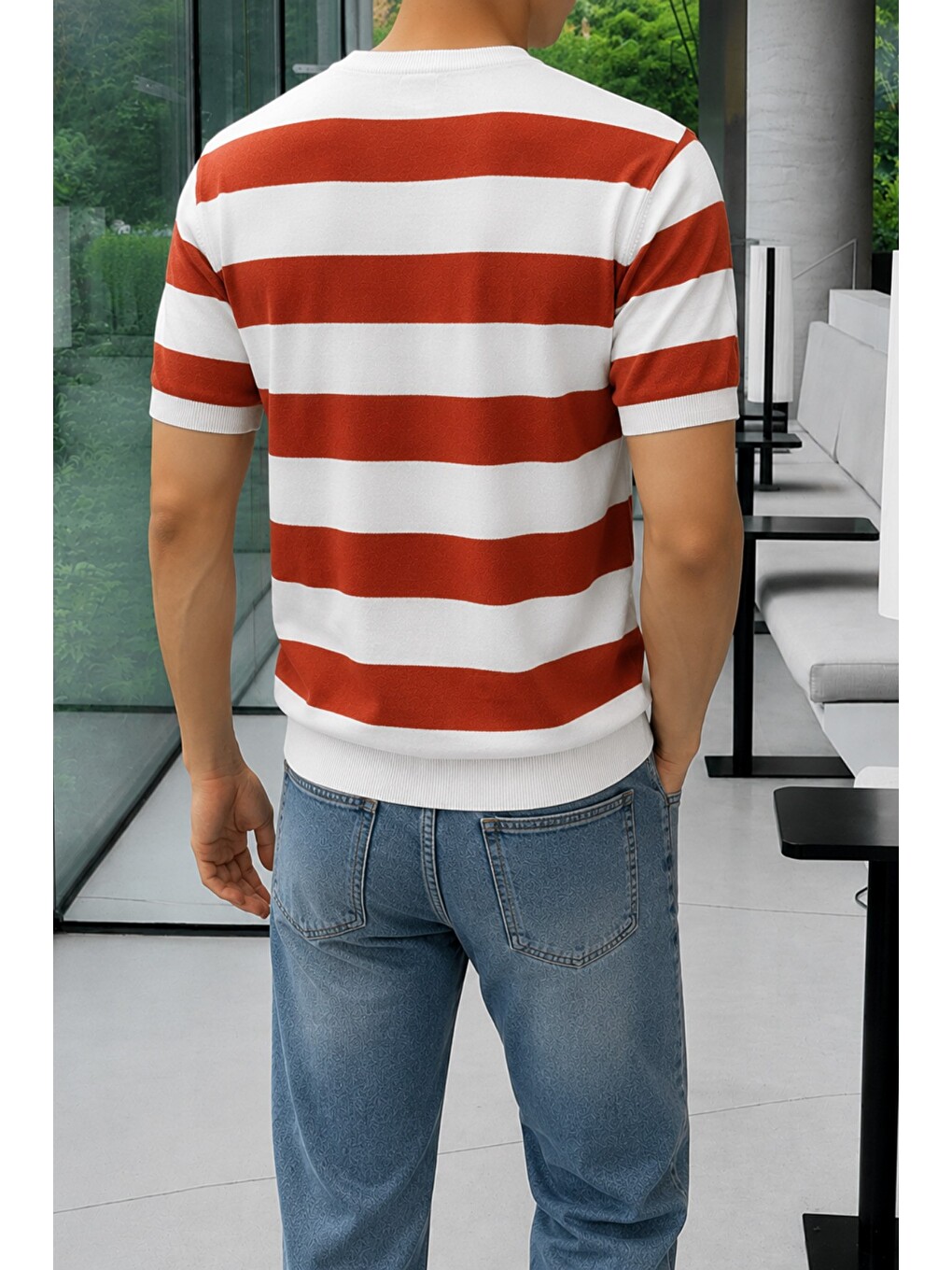 Turuncu Erkek Çizgili Triko Tişört Bisiklet Yaka Slim Fit Yazlık İnce Dokulu-2