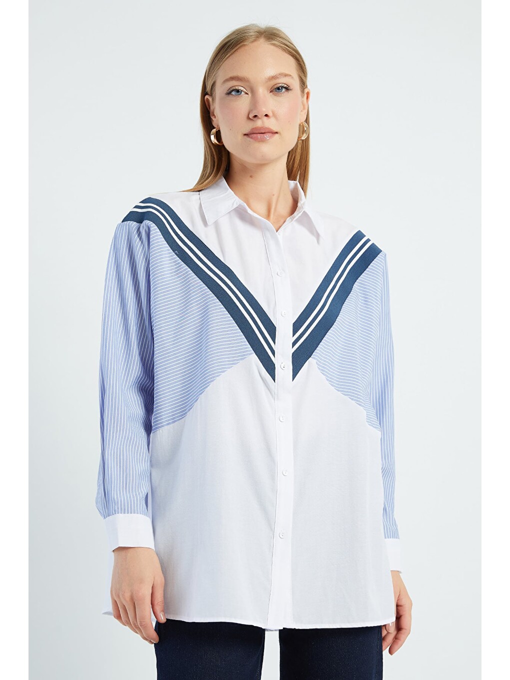 Mavi Çizgili Garnili Oversize Gömlek-1