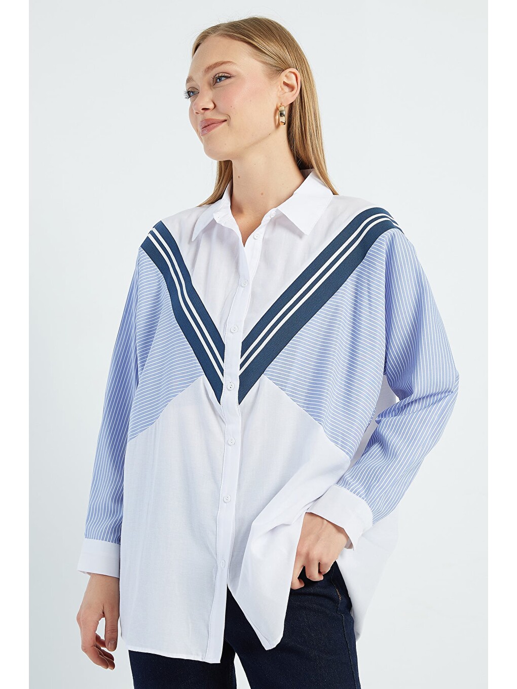 Mavi Çizgili Garnili Oversize Gömlek-3