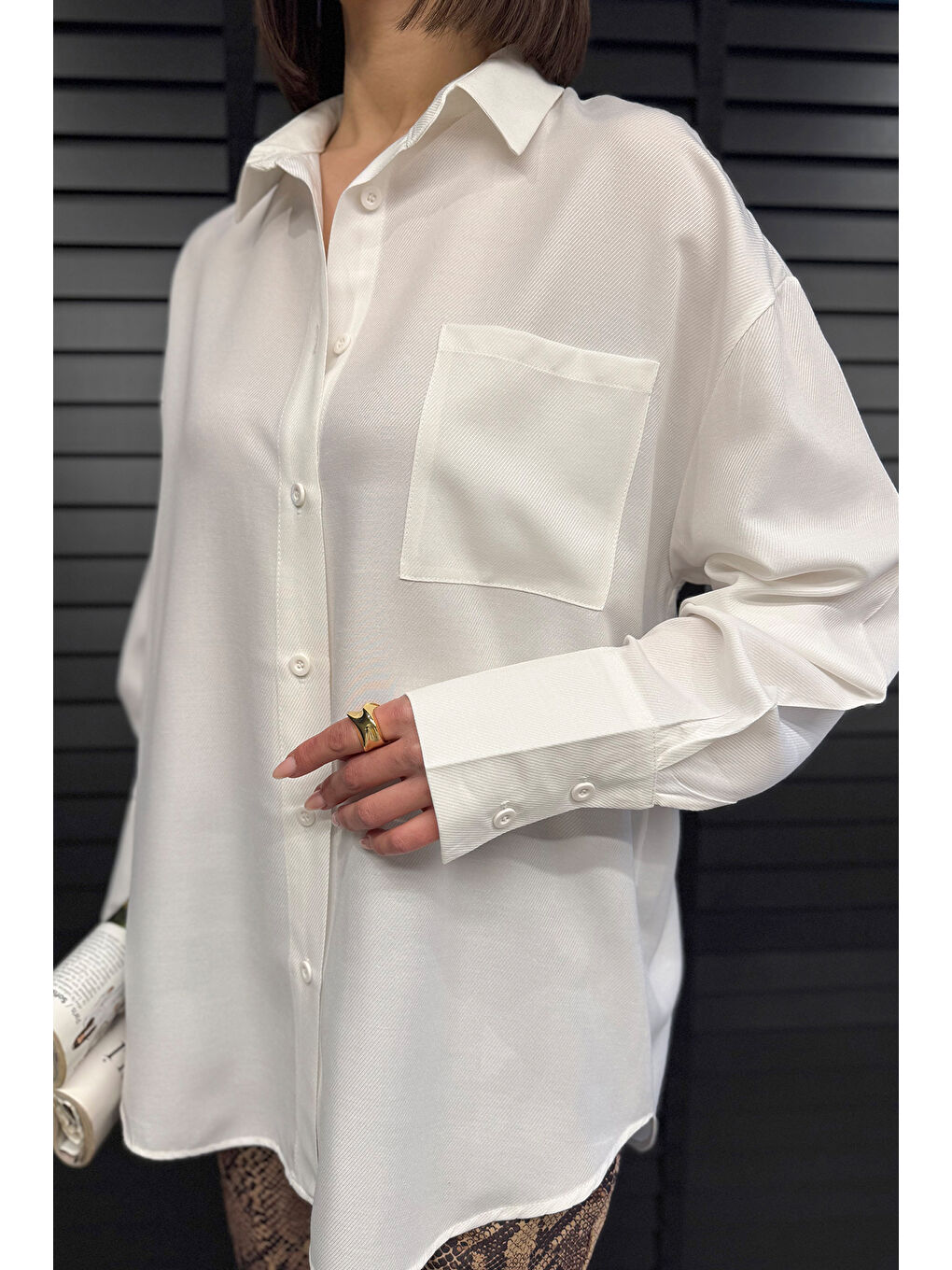 Ekru Kadın Tek Cepli Salaş Gömlek-2