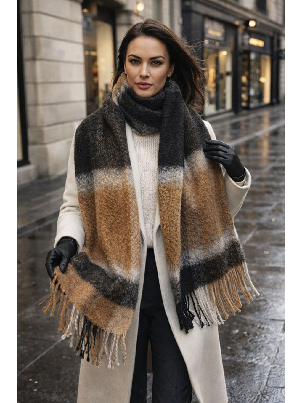 Püsküllü Buklet Atkı Şal 45X190 cm 1304 Siyah-1